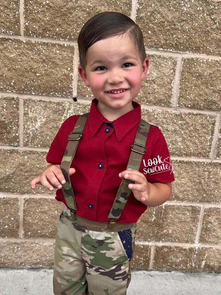 Patriotic homecoming army marines air force space force suspenders boy outfit