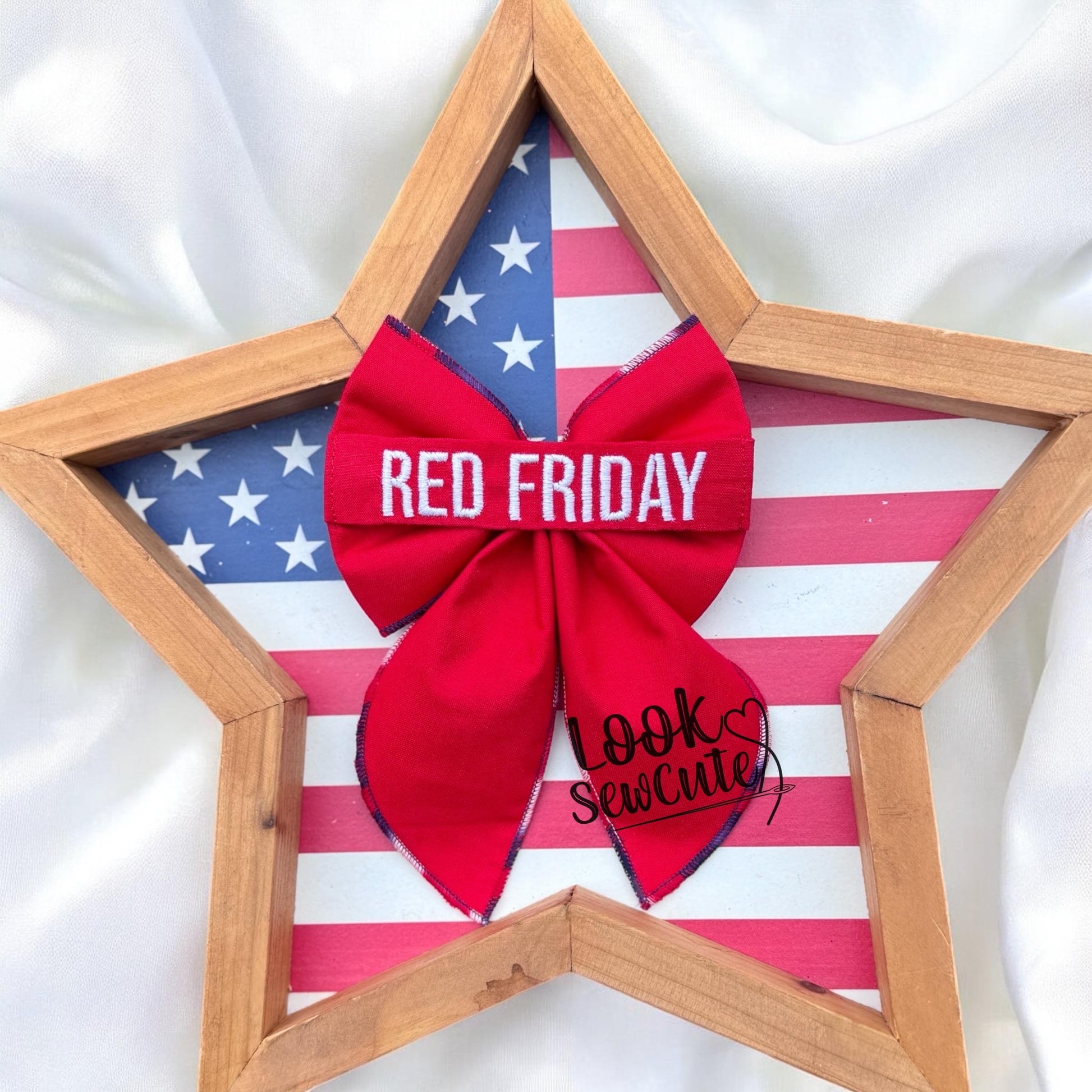 RED Friday Military Name Tape Bow with tails Handmade Hair Bow Homecoming, Support Our Troops, Army Navy Air Force Marines Space Force