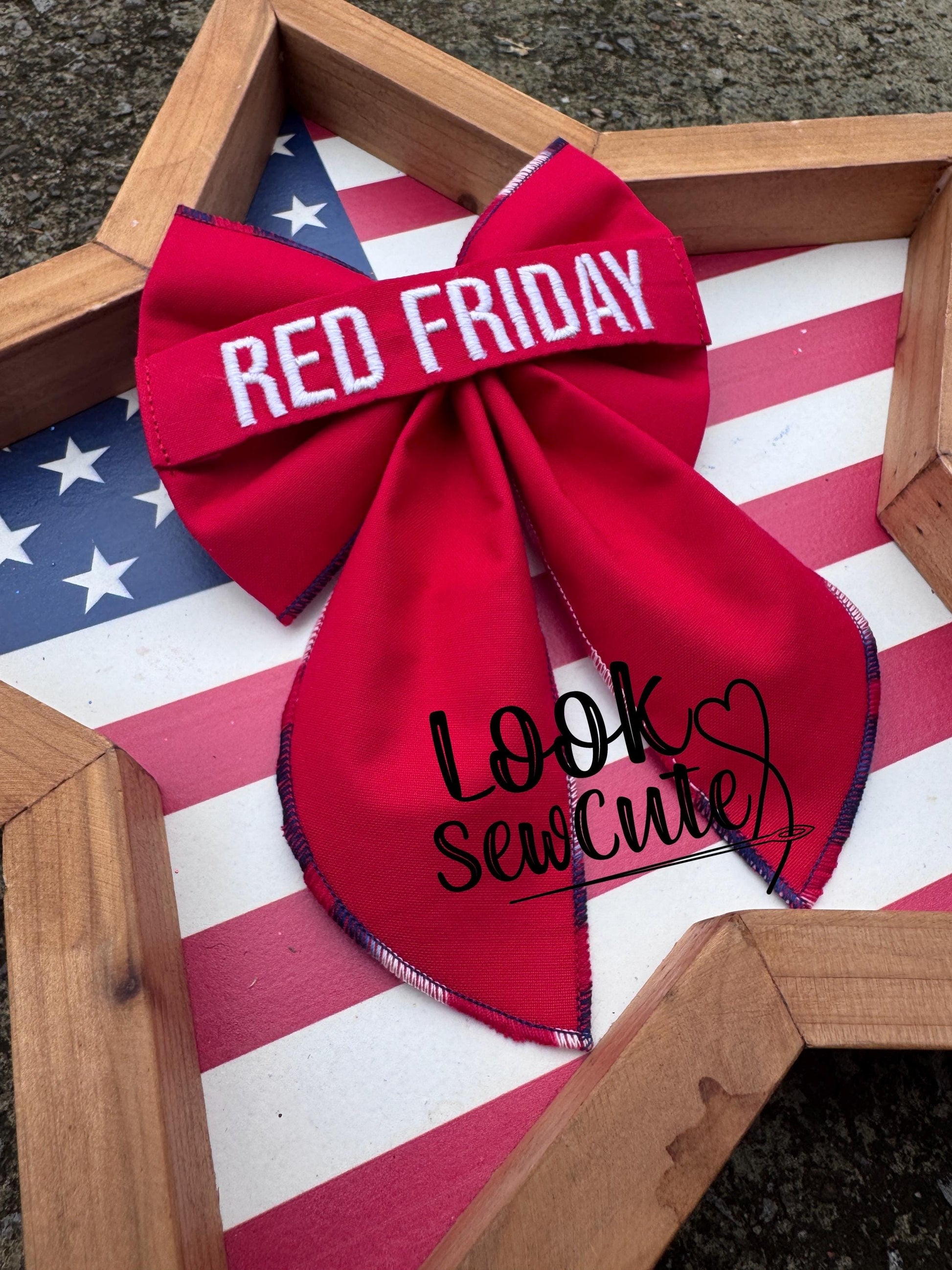 RED Friday Military Name Tape Bow with tails Handmade Hair Bow Homecoming, Support Our Troops, Army Navy Air Force Marines Space Force