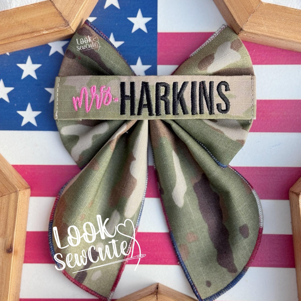 Custom Military MRS. Hair Bow – Personalized Name Tape Sailor Style – 5" Navy Army Marines air force Space force Homecoming Gift